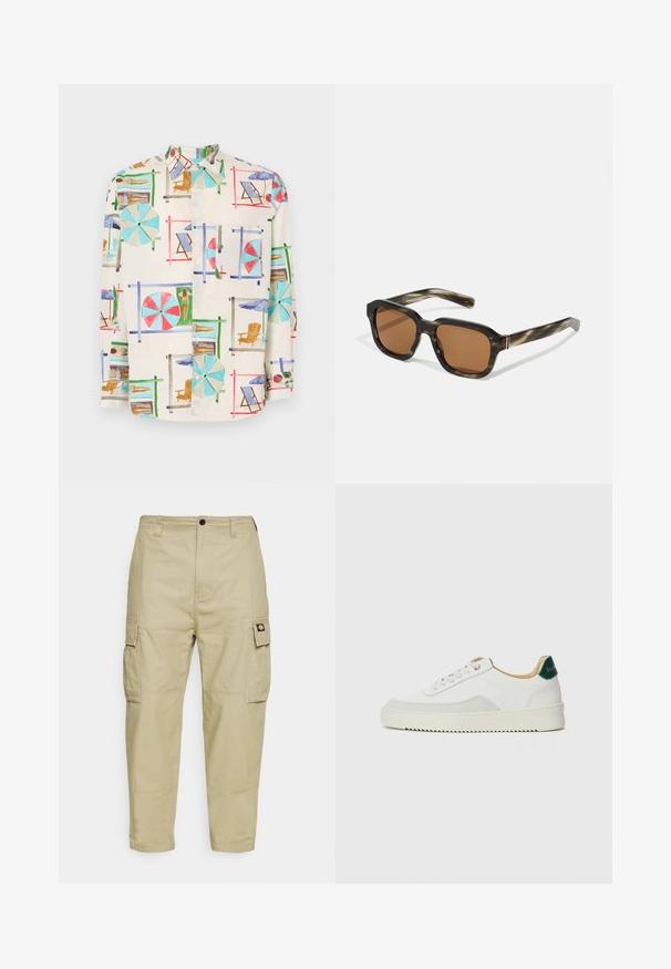 Lühikeste varrukatega nööpidega särk kergest materjalist, millel on värvikas ranna stseen, kus on ettekandepinkide, toolide ja päikesepuhkajatena.; Icecream JUMBO RUNNING DOG - Trükipildiga T-särk - black; Beige cargo püksid, mis on valmistatud vastupidavast kangast, kahe küljetaskuga, nööbiga kinnitusega ja kitsenevate jalgadega, millel on sile tekstuur.; Valged tennisjalanõud, millel on sametised aktsendid, ümar varvas, lame nöörid ja kreemjas kummine põhja. Hästi nähtav roheline bränding kannal.; Plastist prillid kilpkonnasarnase mustriga, oktagonaalsed pruunid läätsed ja õhukesed kuldsed metallsangad raamile.; Vivienne Westwood CITY BUMBAG UNISEX - Puusakott - black