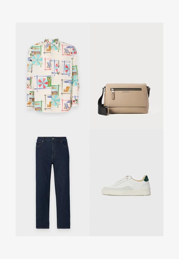 Lühikeste varrukatega nööpidega särk kergest materjalist, millel on värvikas ranna stseen, kus on ettekandepinkide, toolide ja päikesepuhkajatena.; Tumedat sinised denim püksid sirge lõikega, viie-tasku disainiga ja nähtava õmblusega. Vööl on nupuga kinni kinnitamine.; Valged tennisjalanõud, millel on sametised aktsendid, ümar varvas, lame nöörid ja kreemjas kummine põhja. Hästi nähtav roheline bränding kannal.; Beež nahast ristiõlakott, millel on tekstuuriga viimistlus, esiküljel lukuga tasku ja reguleeritav must rihm. Logoga esiosas.