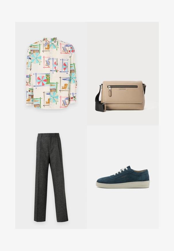 Korte mouwen overhemd met knopen in lichtgewicht stof, met een kleurrijke print van een strandscène met parasols, stoelen en zonaanbidders.; Grijze op maat gemaakte broek van gestructureerde stof, met twee voorplooien en een rechte pijp. Geen zichtbare zakken of versieringen.; Blauwe leren sneakertjes met een ronde neus, witte veters en een rubberen zool. Beschikt over subtiele stiksels en een merkaccent aan de zijkant.; Beige leren schoudertas met een gestructureerde afwerking, voorzien van een zak met rits aan de voorkant en een verstelbare zwarte schouderriem. Logo aan de voorkant weergegeven.