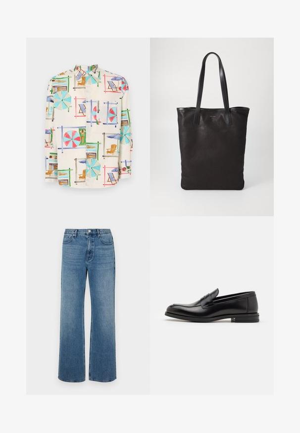 Camicia a maniche corte con bottoni in tessuto leggero, caratterizzata da una stampa di una vivace scena di spiaggia con ombrelloni, sedie e bagnanti.; Jeans a gamba larga blu in denim con una finitura sbiadita. Presentano cinque tasche, una chiusura con bottone frontale e una vestibilità dritta.; Mocassini neri in pelle con una texture liscia, punta arrotondata e una striscia decorativa sulla tomaia. Tacco basso impilato, design minimalista.; Borsa tote in tela nera con manici in pelle nera. Design semplice, corpo spazioso e texture liscia. Nessun logo o motivo visibile.