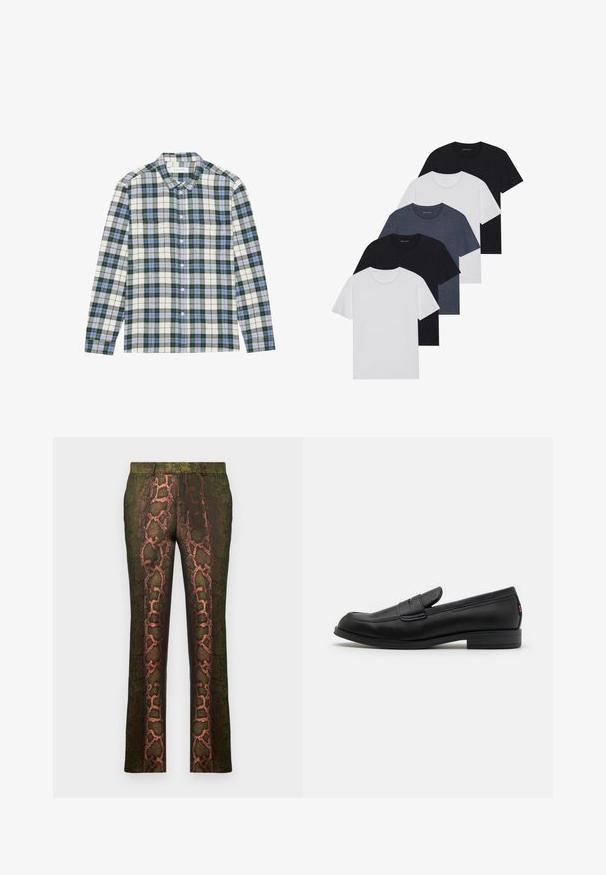 Camicia a scacchi verde e bianca con dettagli blu, dotata di colletto button-down, maniche lunghe e taschino sul petto. Realizzata in tessuto morbido.; Set di cinque t-shirt in nero, bianco e blu navy. Tessuto di cotone, maniche corte, design a collo rotondo e texture semplice senza motivi.; Pantaloni verdi a fantasia con motivo a pelle di serpente in tonalità di marrone e arancione, taglio dritto e texture liscia.; Mocassini in pelle nera con finitura liscia, punta arrotondata e una piccola pattina decorativa. Presentano un tacco basso e impilato e un sottile dettaglio di branding.