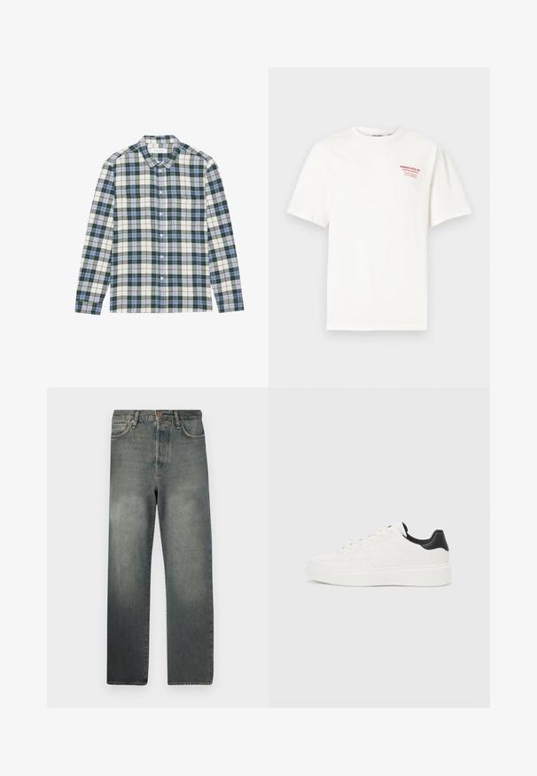 Zelena i bijela karirana košulja s plavim naglascima, sa kragnom na dugme, dugim rukavima i džepom na prsima. Izrađena od mekanog materijala.; Bijela pamučna majica s okruglim izrezom i kratkim rukavima, s crvenim tekstom na lijevoj strani prsnog dijela koji glasi "NORTH POLE CO. SANTA'S GROTTO."; Jack & Jones JJIALEX JJCOOPER - Vrećaste traperice - black denim; Bijela kožna tenisica s utisnutim uzorkom, teksturiranom bijelom potplatom i crnim naglaskom na peti. Ima zaobljen nos i ravne vezice.