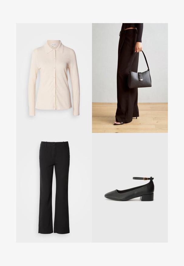 Cămașă din in, de culoare bej deschis, cu mânecă lungă, având guler și un aspect cu butoni pe față, cu o textură netedă și un design simplu.; Pantaloni negri dintr-un amestec de bumbac, cu un design drept, închidere frontală cu buton și două buzunare laterale. Textură netedă, fără modele vizibile.; Pantof cu toc negru din piele, cu vârf ascuțit și toc mic pătrat. Dispune de o curea la gleznă cu o cataramă în tonuri de aur. Textură netedă.; Genți negre cu o formă structurată, textură netedă și un închizător metalic. Asortată cu pantaloni negri largi și sandale cu vârf deschis pe un podea din lemn.
