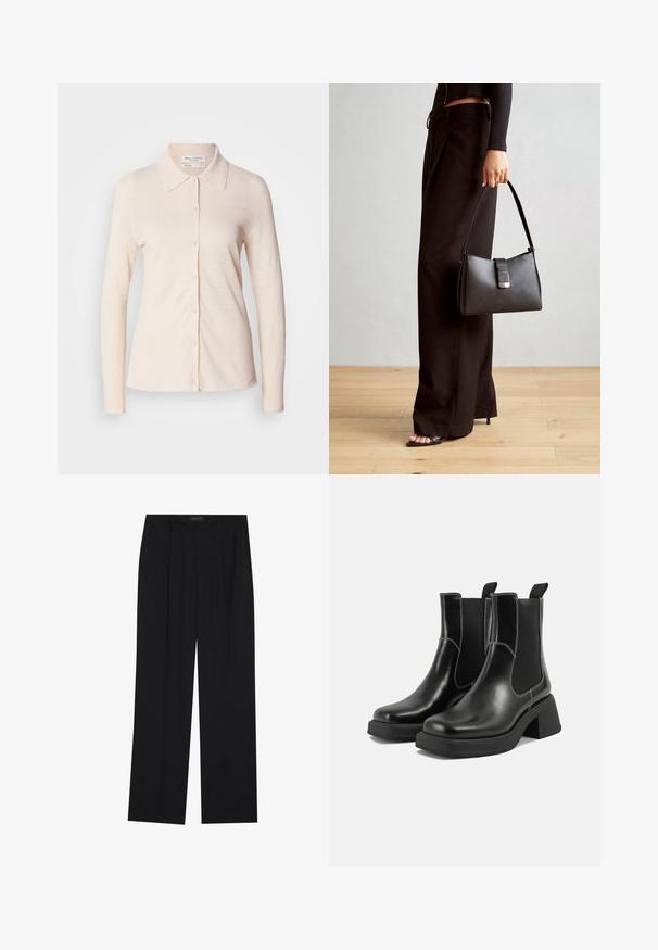 Ανοιχτό μπεζ πουκάμισο με μακρύ μανίκι φτιαγμένο από λινό, διαθέτοντας γιακά και κουμπιά μπροστά, με μαλακή υφή και απλό σχέδιο.; Μαύρο παντελόνι με ίσια γραμμή, που διαθέτει δύο μπροστινές τσέπες και μέση. Κατασκευασμένο από ένα λείο, ελαφρύ ύφασμα.; Μαύρα δερμάτινα μποτάκια Chelsea με χοντρό τακούνι, ελαστικές πλευρικές επενδύσεις και αντίθετη λευκή ραφή. Υφή με υφιστάμενη αίσθηση.; Μαύρη τσάντα χειρός με δομημένο σχήμα, λεία υφή και μεταλλικό κούμπωμα. Συνδυασμένη με φαρδιά μαύρα παντελόνια και σανδάλια ανοιχτής μύτης πάνω σε ξύλινο πάτωμα.