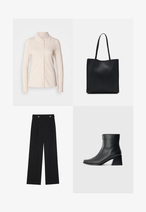 Svetlo béžová dlhá rukávová košeľa z ľanu, s golierom a zapínaním na gombíky, s hladkou textúrou a jednoduchým dizajnom.; Čierne široké nohavice s vysokým pásom, so zapínaním na gombíky na páse a prednými sklady.; Čierna kožená členková obuv so štvrcovým špičkou, bočným zipsom a blokovým podpätkom na jednoduchom svetlom pozadí.; Čierna kožená taška na rameno s hladkým povrchom, obdĺžnikovým tvarom a dvoma dlhými uchami. Bez viditeľného kovania alebo ozdôb.