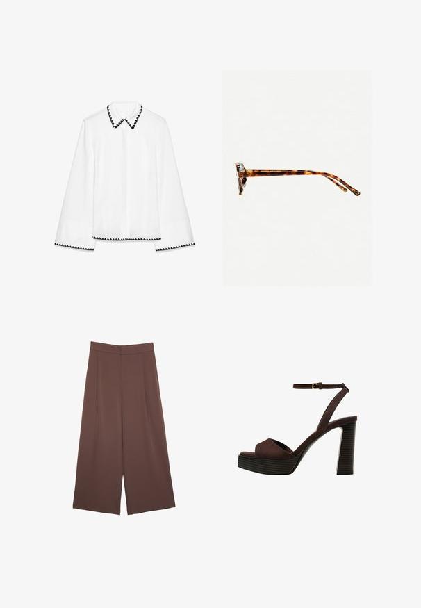 Biela blúzka s dlhým rukávom a priliehavým strihom. Čierny vrúbkovaný lem pozdĺž goliera a okrajov rukávov, s predným zapínaním na gombíky.; Hnedé nohavice so širokými nohavicami a hladkou textúrou, s vysokým pásom a prednými skladmi. Tkanina je ľahká a voľne sa pohybuje.; Hnedé semišové sandále na vysokom podpätku s otvorenou špičkou, nastaviteľným členkovým remienkom a pruhovanou platformovou podrážkou.; Slnkové okuliare v korytnačkovom vzore s hrubým rámom, mierne zakrivenými stranami a hladkým povrchom. Majú klasický dizajn s lesklým povrchom.