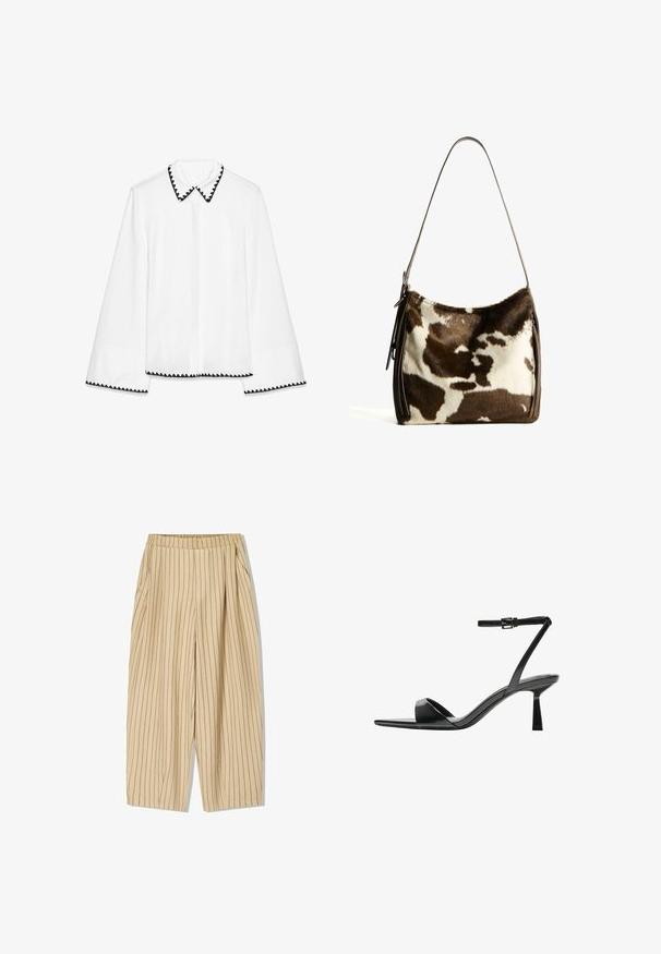 Weiße Bluse mit langen Ärmeln und tailliertem Design. Schwarze, gewellte Säume entlang des Kragens und der Ärmelenden, mit einer Knopfleiste vorne.; Beige gestreifte Hosen mit elastischem Bund, zwei Seitentaschen, lockerer Passform und vertikalen schwarzen Nadelstreifen als Detail.; Bershka High Heel Sandalette - black; Braune und cremefarbene Kuhhaut-Umhängetasche mit einem glatten Ledertrageriemen, Reißverschluss und einer weichen, strukturierten Oberfläche mit einem natürlichen Muster.; Halskette mit cremefarbenen Kaurischalen und metallischen Silberperlen, verbunden mit einer dünnen Kette, mit einem Verschluss für sicheren Halt.