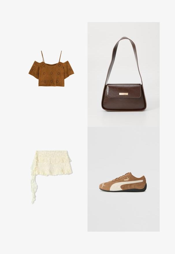 Crop top marron à manches courtes en suède avec des épaules dénudées, présentant des découpes en forme de diamant et des perforations florales pour la texture et le détail.; Châle en dentelle ivoire avec des bords ondulés ; présente des motifs floraux intricats ; coule doucement avec une longue traînée.; Baskets basses en daim marron avec des accents crème, surface texturée, semelle en caoutchouc noir et logo brodé sur le côté et la languette.; Sac à épaule en cuir marron avec une forme structurée, doté d'une fermeture à rabat magnétique et d'un accent de logo métallique à l'avant.