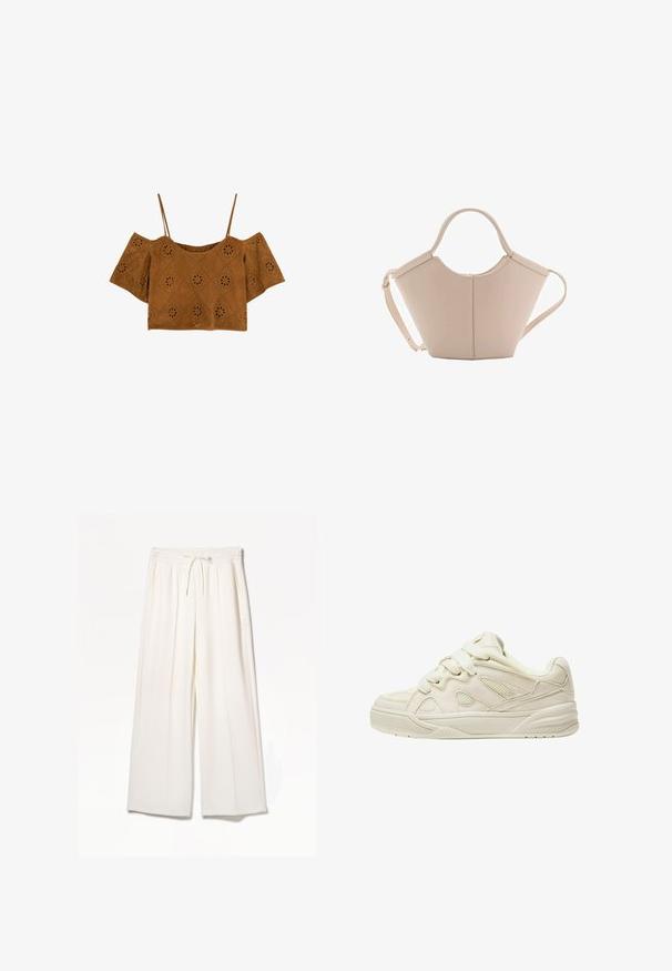 Crop top marrone a maniche corte in suede con spalle scoperte, dotato di intagli a forma di diamante e perni floreali per un effetto di texture e dettaglio.; Pantaloni bianchi a gamba larga realizzati in tessuto leggero, dotati di una vita elastica, cordoncino e tasche laterali, senza motivi visibili.; Sneakers beige con una toma superiore texture, lacci prominenti, pannelli in rete e una suola spessa. Design curvo con un collo imbottito per il comfort.; Borsa in pelle beige con una forma unica, caratterizzata da due manici corti e una lunga tracolla regolabile. Texture liscia con hardware minimale.