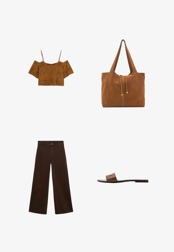 Brown, short-sleeve crop top made of suede with open shoulders, featuring diamond cutouts and floral piercings for texture and detail.; Brown wide-leg trousers in cotton blend, featuring a frayed hem, front button closure, and classic five-pocket design. Minimalistic and versatile.; Brown leather slide sandal with a flat sole, featuring a wide strap and white geometric accents for minimalistic design.; Brown suede tote bag with two long straps, drawstring closure, and minimalistic design. Smooth texture and no visible hardware accents.