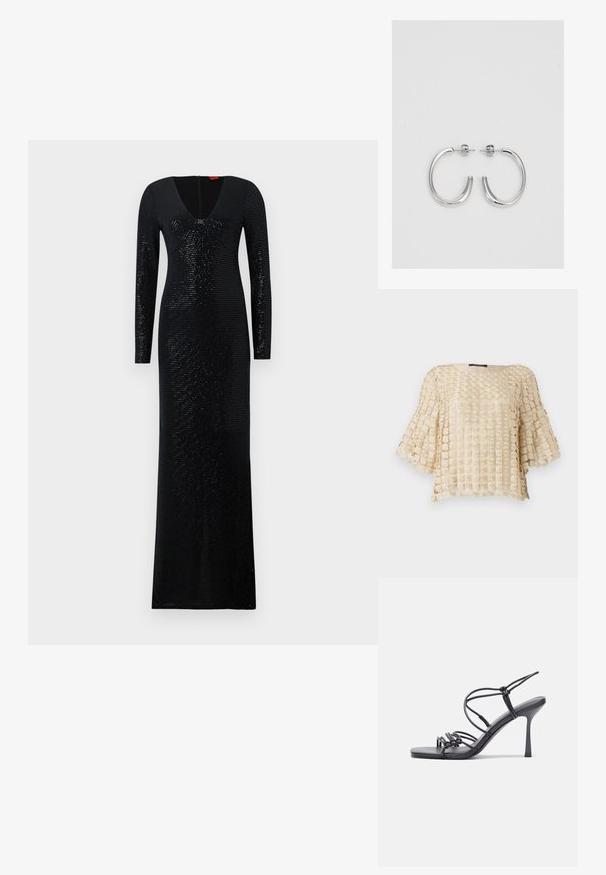 Bežasta bluza s teksturiranim cvjetnim uzorkom, širokim rukavima i okruglim izrezom. Izrađena od lagane, vezenog materijala.; Duga crna haljina s V-izrezom i dugim rukavima. Izrađena od teksturirane tkanine s vertikalnim linijama i sjajnim šljokicama kroz cijelu haljinu.; Crne sandale na visokoj potpetici imaju tanke trake s čvorastim dizajnom, glatki kvadratni vrh i elegantnu stiletto petu.; Svijetlosivi metalik ruksač s lancem, ukrašen malim okruglim metalnim zakovicama i trokutastim logotipom marke.; Srebro naušnice u obliku prstena s glatkom, sjajnom završnom obradom. Zaobljenog oblika, laganog dizajna, s kopčom na poleđini.