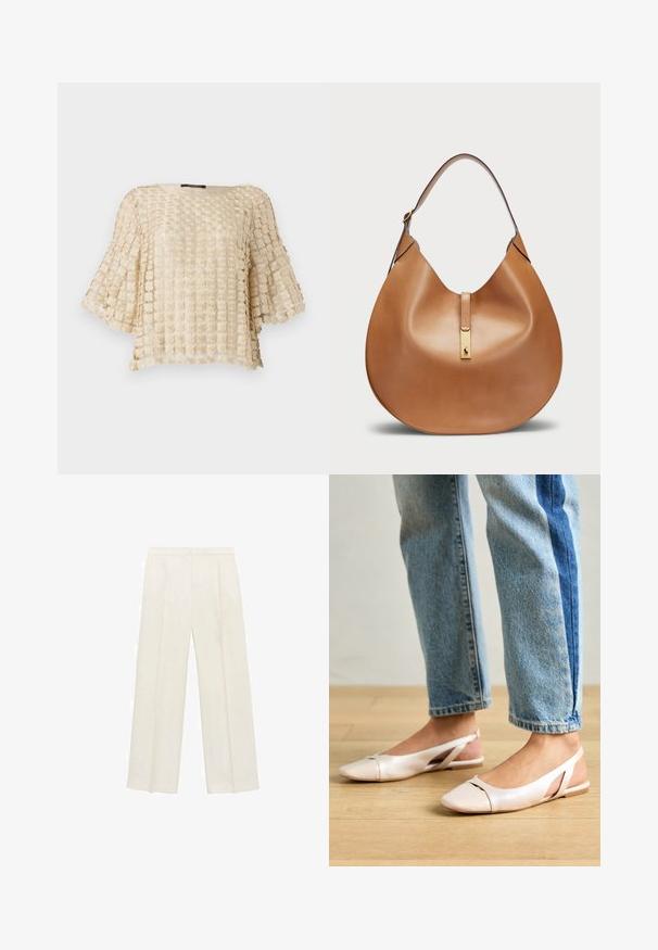 Béžová blůza s texturovaným květinovým vzorem, s širokými rukávy a kulatým výstřihem. Vyrobena z lehké, vyšívané látky.; Kalhoty s širokými nohavicemi v světle krémové barvě. Vyrobené z hladké tkaniny s záhyby vpředu a bočními kapsami.; Světle růžové slingback baleríny s špičatou špičkou, vyrobené z hladkého koženému materiálu. Obsahují vystřihovací detaily po stranách a plochý podpatek.; Kabelka z hladké koženky v tan barvě, s křivkovým tvarem a širokým ramenním popruhem. Obsahuje zlatý kovový akcent ve středu a hladký povrch.