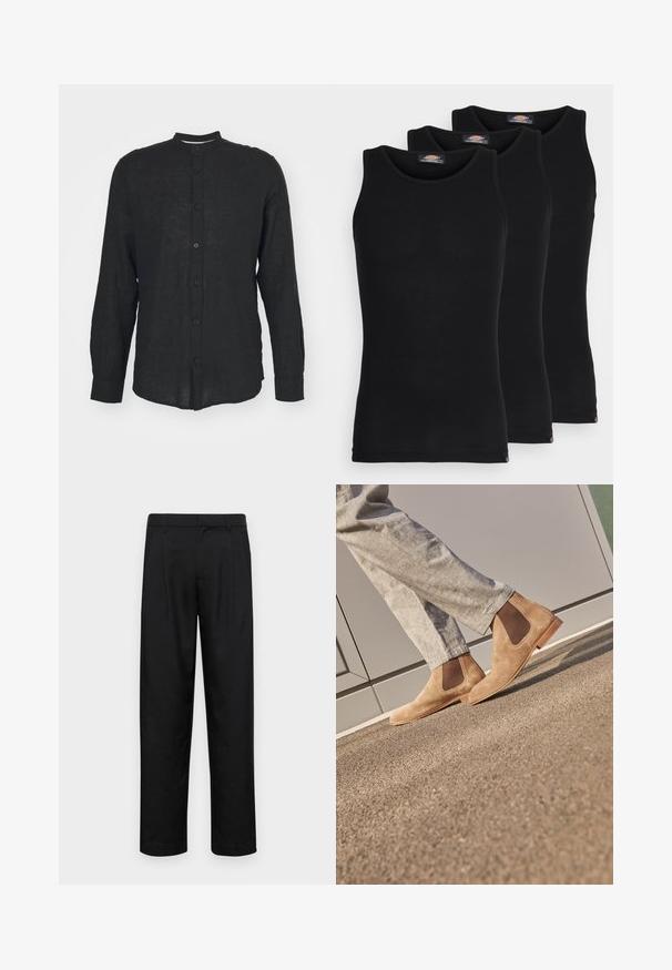 Only & Sons ONSCAIDEN MAO - Srajca - schwarz; Črne majice brez rokavov v paketu treh. Rebrasta struktura, standardni okrogel izrez, brez rokavov. Rob ima majhen logotip blagovne znamke na dnu.; Črne hlače iz gladkega materiala, s krojem ravne noge, dvema sprednjima pregiboma in standardnim pasom z zankami za pas.; Rjavi semiš Chelsea čevlji z elastičnimi stranskimi paneli in gladkim svetlo rjavim gumijastim podplatom, ujemajoče se s svetlo sivimi hlačami na teksturirani površini.