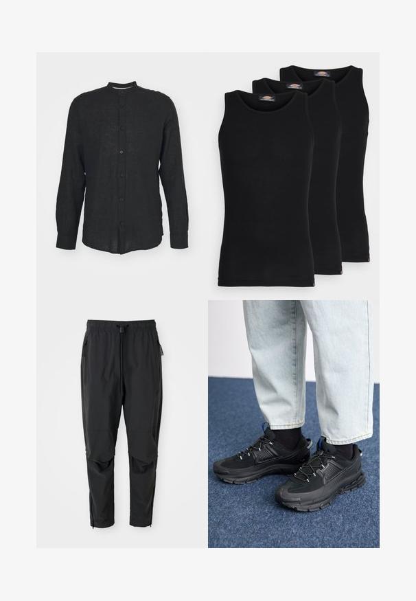 Only & Sons ONSCAIDEN MAO - Camicia - schwarz; Magliette senza maniche nere in confezione da tre. Texture a coste, scollatura a giro standard. L'orlo presenta un piccolo logo del brand nella parte inferiore.; Pantaloni leggeri neri con vita elasticizzata, cordoncino, tasche laterali con zip, ginocchia articolate e cerniere sulle caviglie.; Scarpe sportive nere con tessuto testurizzato e suole in gomma, dotate di lacci elastici e un accento blu sul tallone. Indossate con pantaloni in denim chiaro.