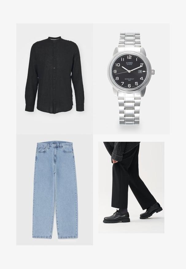 Only & Sons ONSCAIDEN MAO - Skjorter - schwarz; Lyseblå denimjeans med straight leg-design, der har en mid-rise talje, fem lommer og en lukning med knap og lynlås.; Sorte lædersko med rund tå, snørebåndsdesign og tyk, tekstureret sål. Båret sammen med skræddersyede sorte bukser og en ribbet sweater.; Kvartsur med en sølvfarvet rustfrit stålrem, rund sort urskive, hvide timemarkører og dato-display ved kl. 3. Vandafvisende op til 50 m.