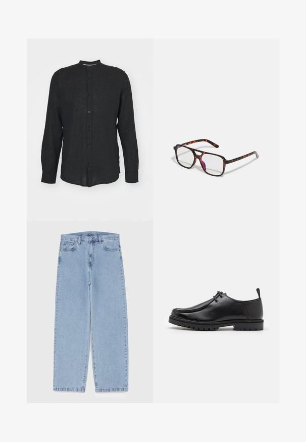 Only & Sons ONSCAIDEN MAO - Vapaa-ajan kauluspaita - schwarz; Vaaleansiniset farkut suoran lahkeen muotoilulla, joissa on puolivälin vyötärö, viisi taskua sekä nappi- ja vetoketjusuljenta.; Musta nahkainen nauhallinen kenkä, jossa on kestävä pohja ja kantapään vetohihna, esitetty sivuprofiilista valkoista taustaa vasten.; Ruoan kuosiset silmälasit, joissa on suorakulmaiset linssit, mustat ja oranssit kehykset, kiiltävä pinta ja hoikat templet.; Ruskea nahkainen viestintälaatikko, jossa on litteä etuläppä, kaksi remmiä, kultaiset yksityiskohdat ja säädettävä olkahihna.