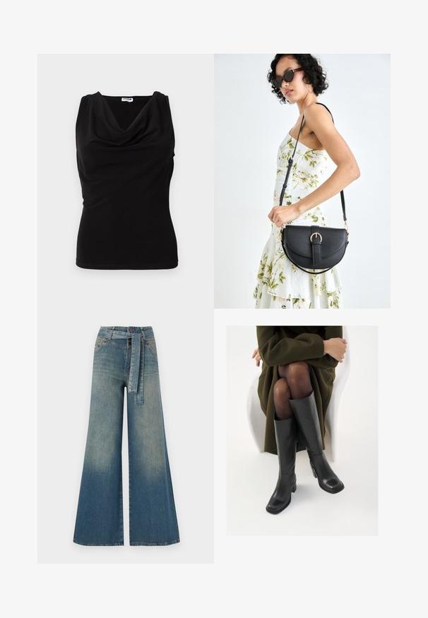 Fekete, ujjatlan felső, lágy anyagból készült, drapált dekoltázzsal. Feszes fazon, finom redőzéssel a vállaknál és az oldalakon.; Bőszárú farmernadrág, világos és sötétkék árnyalatokkal, magas derekú, övgyűrűkkel és a nadrággal megegyező anyagú övvel. Textúrált farmer kivitel.; Térdfelett érő fekete bőr csizmák négyzet alakú orral és tömbtalppal, olajzöld kabátban ülő modellel bemutatva. Simaság, minimalista részletezés.; Fekete bőrtáska ívelt formával, levehető pánttal és arany színű fémrészekkel. A táskán egy csattal díszített fedél található.