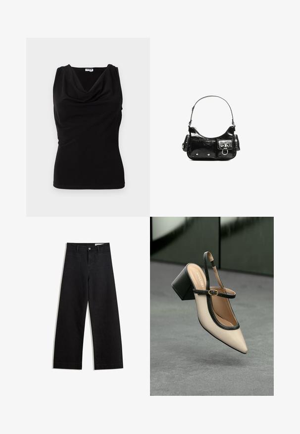 Crna bezrukavna majica s drapiranim dekolteom, izrađena od mekog materijala. Ukrojena forma s suptilnim naborima na ramenima i stranama.; Crne široke traperice s visokim strukom, s prednjim i stražnjim džepovima, šivenim šavovima i kopčanjem na gumb. Glatka tekstura.; Bež cipele s otvorenom petom i šiljastim vrhom, crnim obrubom, zlatnom kopčom i debelim blok-petom na sivom podu s tamnozelenom pozadinom.; Crna patentna kožna torba s zakrivljenim oblikom, jednim remenom za rame, prednjim džepovima i akcentima od srebrnog tona.