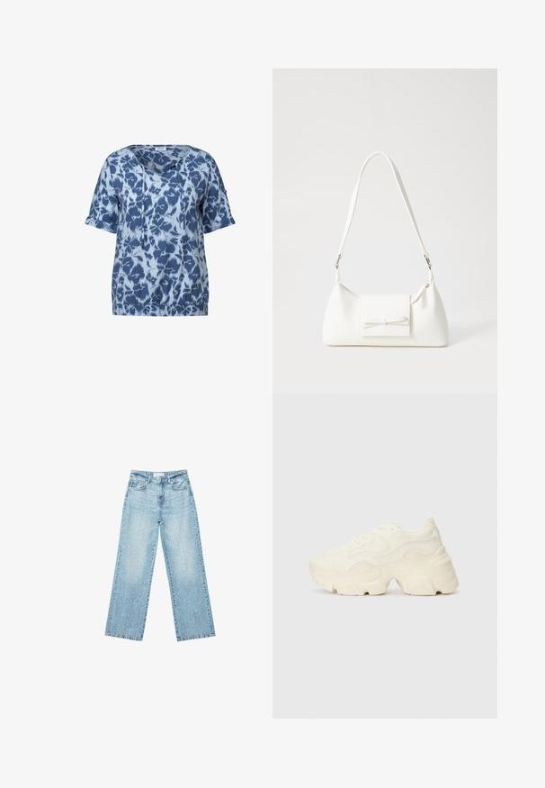 Blå kortærmet top med et abstrakt mønster i varierende nuancer af blå, med V-udskæring, snore detaljer og elastisk kant.; Lyseblå denim bukser med bred benvidde og høj talje, præget af en falmet vask og små, spredte slidte detaljer overalt.; Chunky hvide sneakers lavet af tekstureret mesh og syntetiske materialer, med en tyk sål og intrikate mønsterdetaljer langs siderne.; Hvid syntetisk håndtaske med en trekantet form, flad forsideklap og sløjfedetalje, justerbar strop, glat tekstur og minimalistisk design.