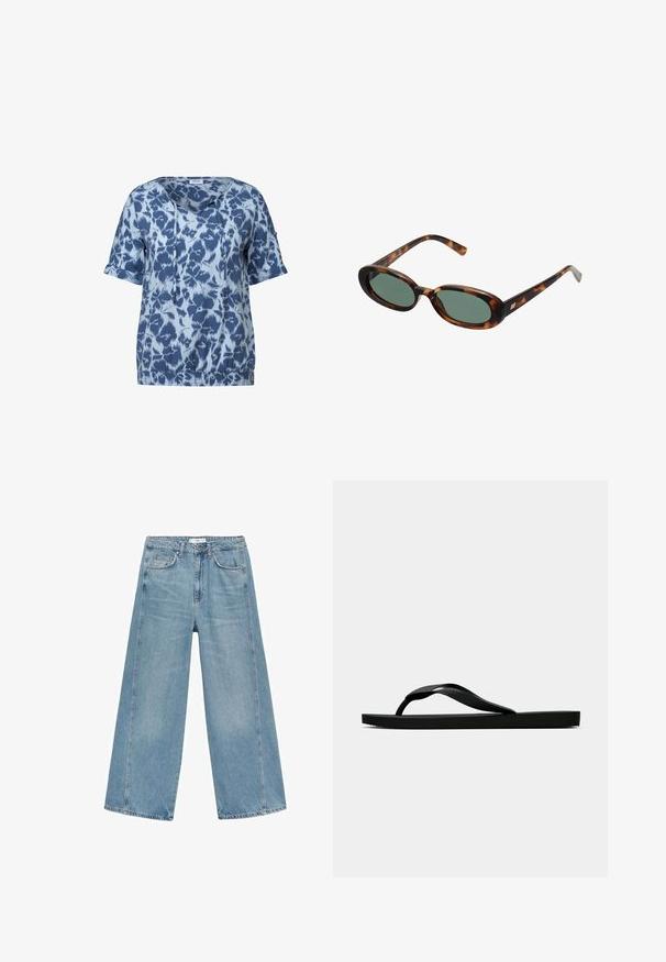 Blå kortærmet top med et abstrakt mønster i varierende nuancer af blå, med V-udskæring, snore detaljer og elastisk kant.; Lyseblå vide jeans lavet af denim, med høj talje, to frontlommer og synlige sømme langs side sømmene.; Sorte gummiflip-flopsandaler med en tekstureret rem og simpel flad sål, vist fra siden på en lys ensfarvet baggrund.; Skildpaddemønstrede solbriller med ovale stel og grønne linser. Har tynde arme med en metallisk detalje nær hængslerne.