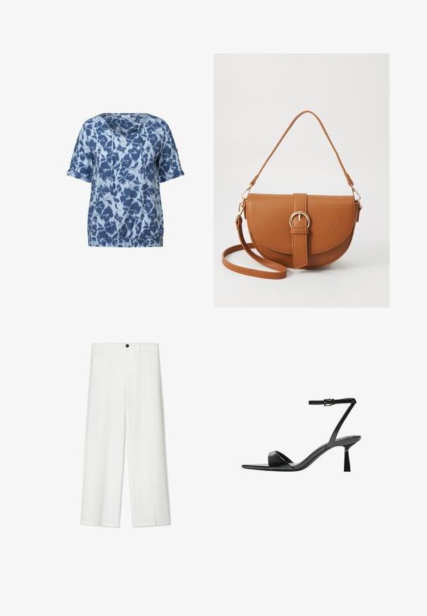 Blå topp med kort ärm och ett abstrakt mönster i olika nyanser av blått, med V-hals, dragsko och elastisk nederkant.; Vita, vida byxor med slät textur, som har knäppning fram och bältesöglor, utformade för en avslappnad passform.; Bershka Sandaletter - black; Brun läder crossbody-väska med en böjd form, gyllene detaljer och en spänneaccent. Har en avtagbar axelrem.