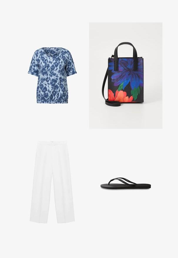 Top blu corto con maniche a sbuffo e un motivo astratto in diverse sfumature di blu, caratterizzato da un colletto a V, dettagli con cordoncino e orlo elasticizzato.; Pantaloni bianchi a gamba larga con una texture morbida, caratterizzati da una vita alta e due tasche laterali. Design semplice senza motivi visibili.; Infradito neri con suola in gomma testurizzata, due cinghie sottili e un sottile dettaglio del logo impresso sulla cinghia.; Borsa a tracolla nera con design floreale in blu, rosso e verde. Presenta due manici corti e una tracolla rimovibile. Logo impresso sul davanti.