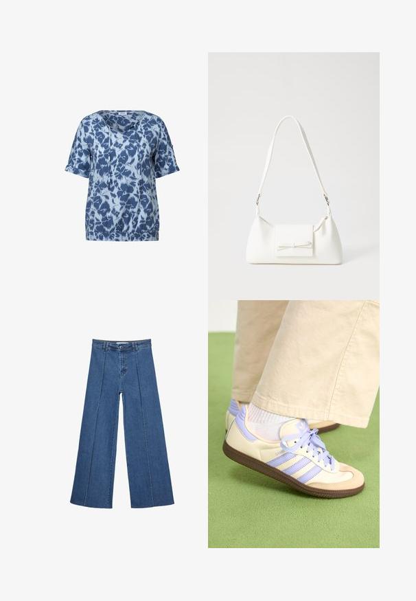 Blå kortærmet top med et abstrakt mønster i varierende nuancer af blå, med V-udskæring, snore detaljer og elastisk kant.; Bredde ben denim jeans i mellemblå, med høj talje, knaplukning og kontrasterende lodrette sømdetaljer foran.; Creme og lavendel sneakers med tre striber og en tekstureret brun sål, der har snørebånd og en polstret hæl. Blødt stof øvre.; Hvid syntetisk håndtaske med en trekantet form, flad forsideklap og sløjfedetalje, justerbar strop, glat tekstur og minimalistisk design.