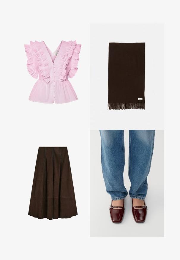 Lichtroze blouse met ruches aan de mouwen en een V-hals. Het heeft een knoopsluiting aan de voorkant en een fitted lijfje dat uitloopt in een peplumstijl.; Bruine suède midi-rok met een uitlopende ontwerp en verticale naaddetails, met een gladde textuur en een brede zoom.; Bordeaux lakleren schoenen met een vierkante neus en enkelband, gecombineerd met lichtblauwe losse spijkerbroek. De schoenen hebben een glanzende afwerking.; Bruine stoffen sjaal met franjes, gemaakt van zacht materiaal. Bevat een klein wit label met zwarte tekst aan de onderkant.