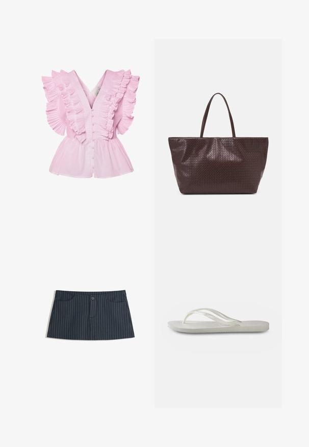 Svetlo roza bluzica z nagubanimi rokavi in V-izrezom. Ima gumbasto zapiranje spredaj in prilega se na telesu, nato pa se razširi v peplum stil.; Mornarsko modra mini krila s prugicami, z sprednjimi žepi in enim gumbom za zapiranje na pasu.; Bela natikača s teksturirano podplatom, koja ima tanke trakice i ravni dizajn. Napravljena od gume s suptilnim logotipom na ulošku.; Brahna tkanina iz usnja v rjavi barvi s tema dvema ročajema, strukturo obliko in teksturirano površino, ki vsebuje diamante vzorec po celotni površini.