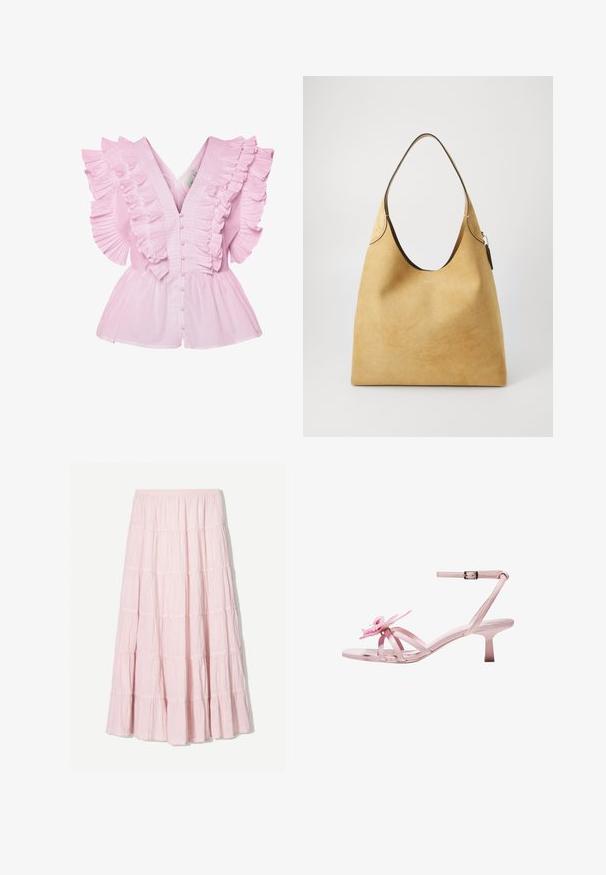 Světle růžová blůza s volánovými rukávy a výstřihem do V. Má zapínání na knoflíky a dobře padnoucí korzet, který se rozšiřuje do peplum stylu.; Světle růžová, vrstvená maxi sukně vyrobená z texturované, lehké látky. Elastický pas a volný lem se zdobením v podobě volánků.; Růžové lakované sandály na podpatku s květinovým akcentem na špičce, s nastavitelným páskem kolem kotníku a štíhlým, nízkým podpatkem.; Žlutá semišová kabelka typu hobo s hladkým povrchem, širokým otvorem a hnědým koženým lemováním na vrchu. Obsahuje stříbrný zip s okem.; Náhrdelník z růžového zlata s přívěskem labutě, zdobeným jasnými krystaly. Řetízek má jemný design článků.