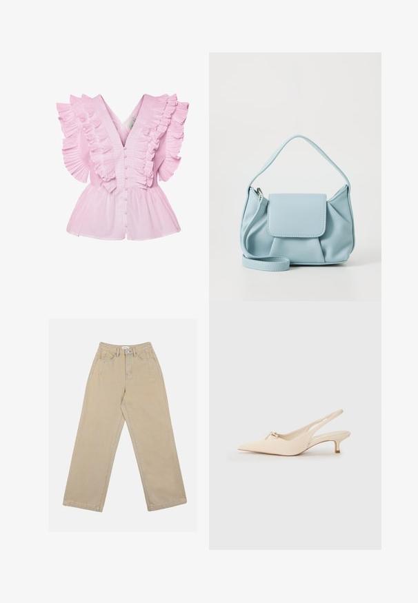 Fényes rózsaszín blúz fodros ujjal és V-nyakkivágással. Elöl gombos, testhezálló fazonnal, ami peplum stílusban bővül.; Beige, széles lábú farmernadrág, mely magas derékkal, elülső zsebekkel és kontrasztos varrásokkal rendelkezik. A dizájn gombos záródást tartalmaz.; Hegyes orrú, off-white bőrből készült slingback cipők, kis masnival és alacsony, kislányos sarokkal. Simogató, minimalista design.; Világoskék bőrtáska, felső fogantyúval, elülső fedélzsebkémmel és levehető csuklószíjjal, fehér háttér előtt.