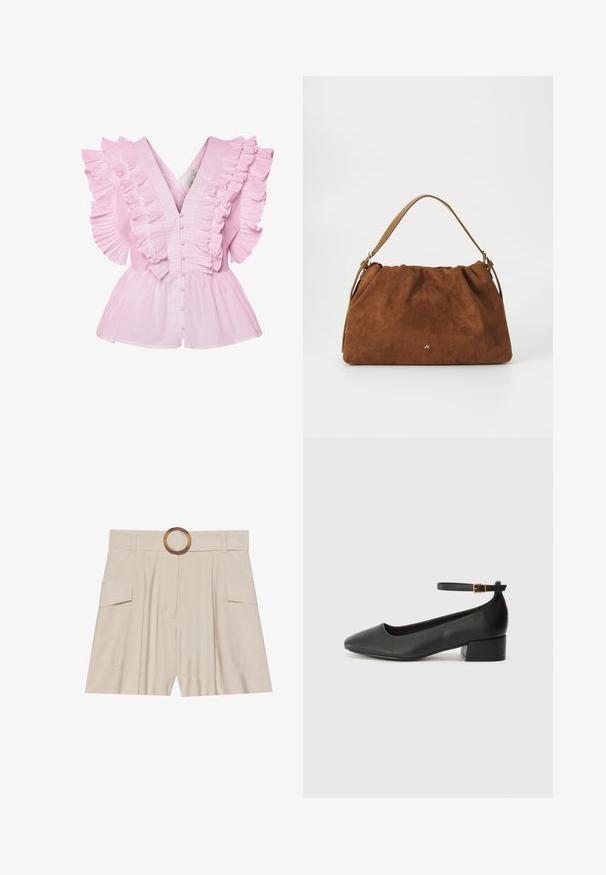 Šviesiai rožinė bluzelė su klostuotomis rankovėmis ir V formos iškirpte. Ji turi mygtukų užsegimą priekyje ir prigludusį liemenį, kuris išsiplėčia į peplum stilių.; Šviesiai rudos spalvos aukštai juosmeniški šortai su plačiu, lygia juosta, mediniu apvaliu užsegimu, klostuota priekiu ir dviem šoninėmis kišenėmis. Lygi audinio tekstūra.; Juodas odinis aukštakulnis batelis su smailiu pirštu ir žemu bloku. Su kulkšnies dirželiu su auksinės spalvos sagtimi. Lygus paviršius.; Ruda zomšos rankinė su susiraukšlėjimu, turinti vieną šviesiai rudos odos rankeną ir subtilų auksinį logotipo detalę priekyje.