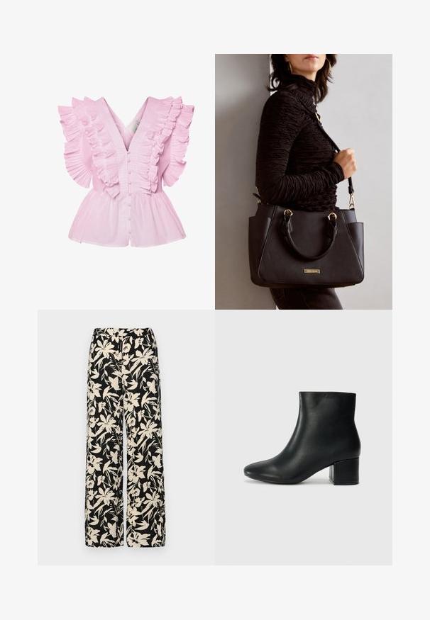 Blusa rosa clara com mangas franzidas e decote em V. Possui fechamento com botões na frente e um corpete ajustado que se alarga em estilo peplum.; Calças largas pretas com um padrão floral creme. Feitas de um tecido leve, apresentando uma textura suave e uma cintura alta.; Botas de tornozelo em pele preta com bico pontiagudo e um salto robusto. Textura suave com acentos mínimos e um design ajustado e elegante.; Bolsa preta com superfície texturizada, alças superiores duplas e alça de ombro ajustável. Apresenta ferragens em tom dourado e bolsos laterais.
