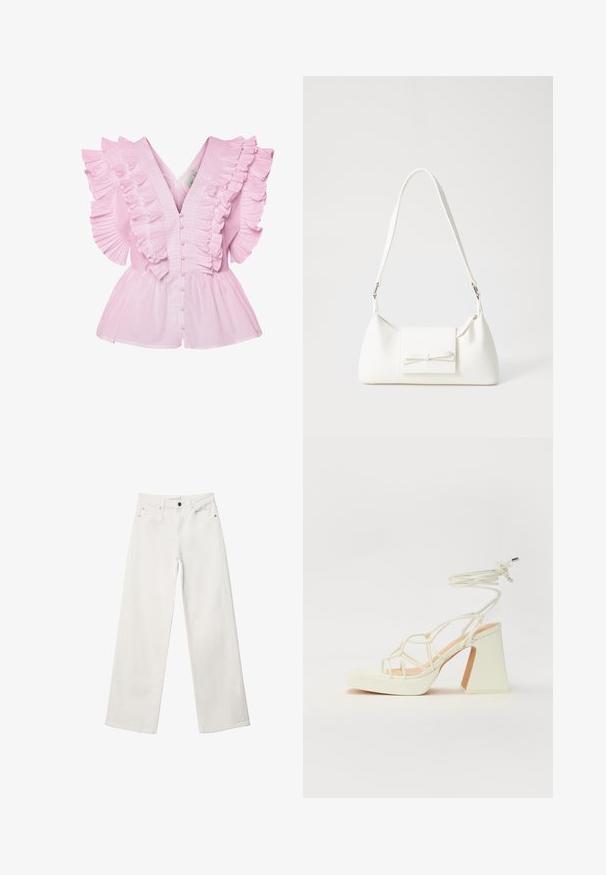 Blusa rosa chiaro con maniche arricciate e scollatura a V. Ha una chiusura frontale con bottoni e un corpetto aderente che si allarga in uno stile peplum.; Jeans bianchi a gamba larga in denim, caratterizzati da un'alta vita, design a cinque tasche e chiusura con bottone metallico. Tessuto liscio, senza fantasie.; Sandalo bianco con tacco alto, caratterizzato da un design a cinturini e un legaccio alla caviglia. Texture liscia con una piattaforma frontale per un'altezza aggiuntiva.; Borsa sintetica bianca a forma triangolare, con patta anteriore piatta e dettaglio a fiocco, tracolla regolabile, texture liscia e design minimalista.