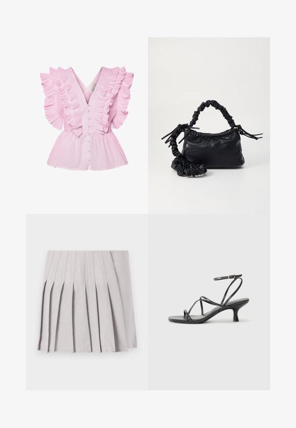 Blusa rosa clara com mangas franzidas e decote em V. Possui fechamento com botões na frente e um corpete ajustado que se alarga em estilo peplum.; Saia cinza plissada com uma textura suave, apresentando múltiplos pregas verticais e uma cintura ajustada. Feita de tecido leve.; Sandálias pretas de salto alto com tiras finas, design aberto na ponta e um pequeno salto largo. O material parece suave e brilhante.; Bolsa de mão em couro sintético preto com textura de crocodilo, topo franzido e alça enrugada. Apresenta um design suave e compacto.