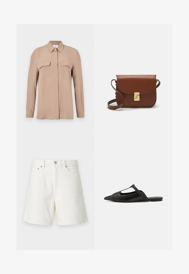 Bež košulja s dugim rukavima na kopčanje od laganog tkanja. Ima dva džepa na prsima i klasični ovratnik, s ravnim krojem i minimalističkim dizajnom.; Bijele traperice kratke hlače s ravnim krojem, dizajnom s pet džepova, prednjim kopčanjem na dugme, srebrnim detaljima i šivenim ukrasima.; Crne kožne cipele s remenom oko pete i šiljastim vrhom, s pletenim naglaskom i nabranim gornjim dijelom. Ravni đon s minimalnim hardverom.; Smeđa kožna torba s preklopom, zlatnim detaljima, remenom za nošenje preko ramena i glatkom teksturom. Kompaktni pravokutni oblik.