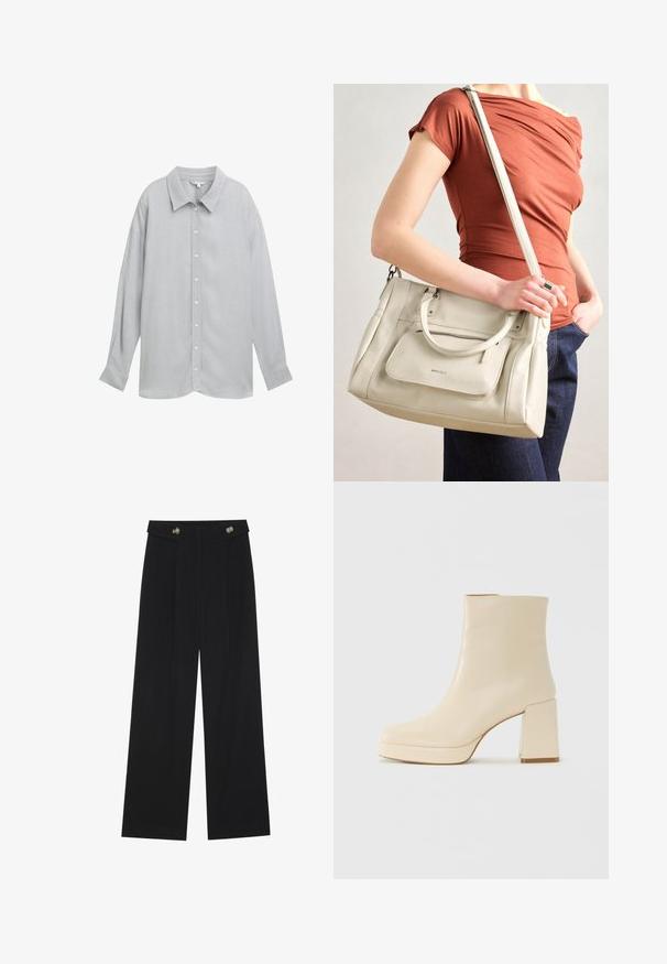 Siva srajca z dolgimi rokavi in gumbi, z ovratnikom, izdelana iz lahkega materiala, z rahlo teksturo in belimi gumbi.; Črne široke hlače s visokim pasom, gumbnimi detajli na pasu in sprednjimi gubami.; Bež usnjena gležnjarica z blok peto in platformo, gladka površina in rahlo kvadratni prst, obrnjena levo na belem ozadju.; Bela usnjena torba z dvema ročkama in odstranljivo naramnico, ki ima sprednji žep na zadrgo in gladko teksturo. Nositi jo na osebi na roki.