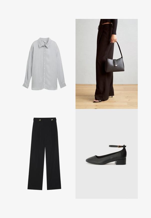 Siva srajca z dolgimi rokavi in gumbi, z ovratnikom, izdelana iz lahkega materiala, z rahlo teksturo in belimi gumbi.; Črne široke hlače s visokim pasom, gumbnimi detajli na pasu in sprednjimi gubami.; Črne usnjene pumpice z nazobčanimi prsti in nizko blokasto peto. Imajo trak okoli gležnja z zaponko v zlatem tonu. Gladka tekstura.; Črna torbica z strukturirano obliko, gladko teksturo in kovinskim zaponko. Ujemajo se z širokimi črnimi hlačami in odprtimi sandali na lesenem tleh.