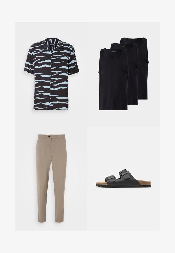 Kratka majica s kratkimi rokavi v črni tkanini z valovitim vzorcem v svetlo modri barvi. Ima zarezano ovratnico in sprednje zapiranje na gumbe.; Črne bombažne brezrokavnike v pakiranju po tri, z okroglo ovratnico in brezrokavnim dizajnom, gladko teksturo in klasičen kroj.; Bež hlače z ozkim krojem, z zadrgo in sprednjim žepom. Narejene so iz gladkega materiala z ostrim videzom.; Črne drsne sandale z dvema nastavljivima sponkama, teksturirano podplat in podplat, podoben plutu. Imajo ravno, široko zasnovo za udobje.