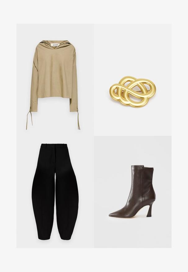Beżowa bluzka z kapturem, z długimi rękawami, z dekoltem w kształcie V i wiązaniami przy mankietach, wykonana z lekkiego materiału.; Czarne spodnie o szerokich nogawkach z wysokim stanem, z plisowanym przodem i zwężanymi kostkami. Wykonane z gładkiego materiału o matowym wykończeniu.; Ciemnobrązowe skórzane botki do kostki z zaostrzonym czubkiem, lekko wygiętym cienkim obcasem i gładkim wykończeniem na białym tle.; Brożka w odcieniu złotym z knotowym wzorem, posiadająca gładkie, zaokrąglone linie oraz misterny kształt, odzwierciedlająca wypolerowaną powierzchnię.