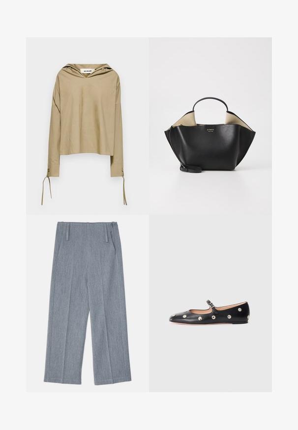Bēša kapuces krekls ar garām piedurknēm, ar V veida kakla izgriezumu un saites detaļām uz piedurknēm, izgatavots no viegla auduma.; Gai pelēki, platā kāju bikses, kas izgatavotas no teksturēta auduma, ar diviem priekšējiem krokām un divām sānu kabatām. Tīrs, šūts dizains.; Melna ādas Mary Jane līdzena zābaku ar noapaļotu purngalu, kurā ir sudraba apaļie kniedes un regulējama siksniņa ar sprādzi.; Ree Projects ANN TOTE MINI - Rokassoma - black
