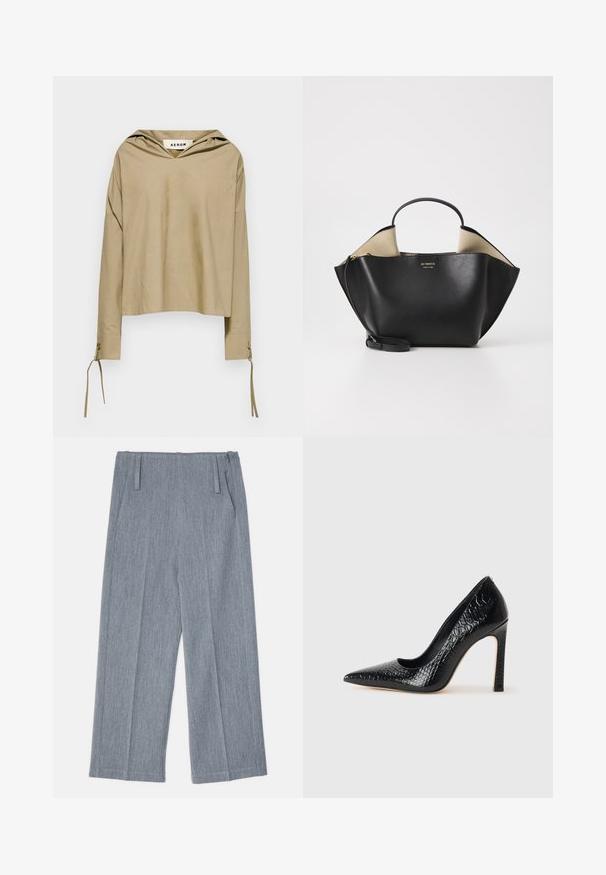 Beige huppari, jossa on pitkät hihat, V-pääntie ja solmittavat yksityiskohdat hihansuissa, valmistettu kevyestä kankaasta.; Vaaleanharmaat, leveälahkeiset housut, jotka on valmistettu tekstuurilla varustetusta kankaasta. Housuissa on kaksi etupurjeet ja kaksi sivutaskua. Siisti, räätälöity muotoilu.; Musta kapea nilkkakorkokenkä krokotiilin nahkakuviolla, joka on varustettu tyylikkäällä muotoilulla, korkealla stiletto-korkealla ja sileällä mustalla sisäosalla.; Ree Projects ANN TOTE MINI - Käsilaukku - black