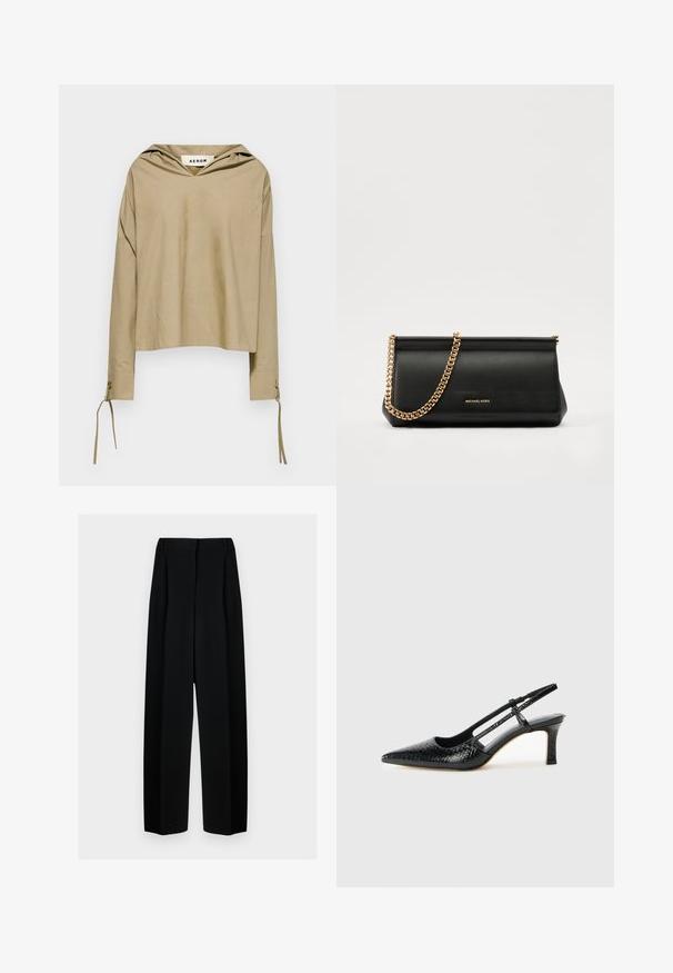 Beige hooded top with long sleeves, featuring a V-neckline and tie details at the cuffs, made from lightweight fabric.; Black wide-leg trousers with a high waist, featuring pleats and a smooth texture. The fabric appears lightweight and drapes elegantly.; Black patent slingback heel with a pointed toe, featuring textured snake print, adjustable strap, and a short, textured block heel.; Black leather clutch bag with a gold chain strap, featuring a smooth texture, rectangular shape, and embossed branding on the front.