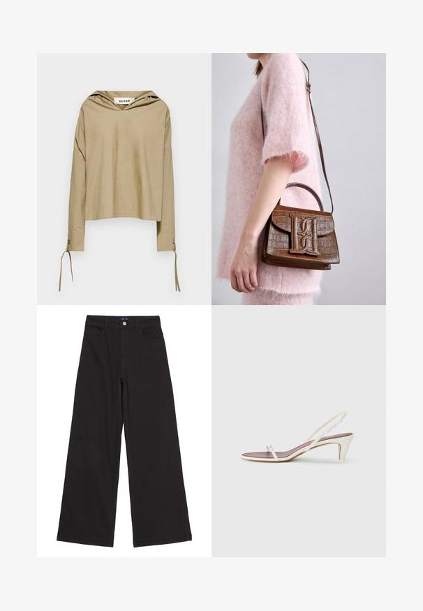 Felpa beige con cappuccio e maniche lunghe, caratterizzata da un collo a V e dettagli con lacci sui polsini, realizzata in tessuto leggero.; Pantaloni neri a gamba larga in denim, con vita alta, tasche frontali e un singolo bottone in metallo in vita, texture liscia.; Sandali slingback bianchi con un leggero tacco, sottili cinturini e una superficie in pelle liscia; presentano una piccola fibbia decorativa.; Borsa a mano con effetto coccodrillo marrone, dotata di manico superiore e tracolla. Presenta un logo prominente sulla patta frontale. Texture morbida.; Fermaglio per capelli in metallo dorato con un design liscio e arrotondato. La superficie è riflettente, caratterizzata da una forma curva unita senza ulteriori decorazioni.