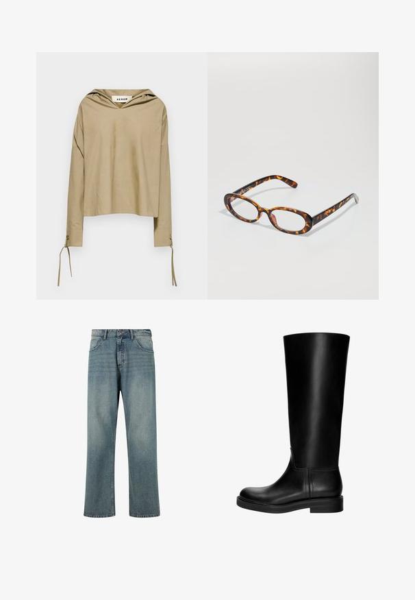 Haut beige à capuche avec manches longues, présentant un décolleté en V et des détails à nouer au niveau des poignets, fabriqué en tissu léger.; Jean en denim bleu clair à coupe droite, design à cinq poches, coutures contrastées et taille classique avec fermeture à bouton.; Bottte en cuir noir, haute jusqu'au genou, avec une texture lisse, un bout arrondi, un design épuré et un petit talon bloc. Pas de matériel ou de motifs visibles.; Lunettes en écaille de tortue avec des verres ovales, dotées d'une finition brillante, de branches fines et de motifs subtils ressemblant aux rayures d'un tigre.; Sac hobo en cuir noir au design décontracté, avec une large bandoulière et une texture lisse. Dispose d'une fermeture éclair unique sur le côté.