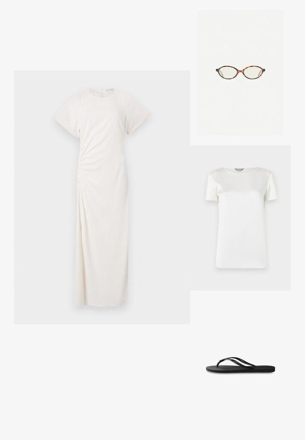 Fehér, rövid ujjú blúz sima selyemből, kerek nyakkal és minimális varrással. Tiszta, egyszerű dizájn, lágy textúrával.; Fehér ruha rövid ujjakkal, kerek dekoltázzsal és oldalsó ráncolással; sima anyag, padlóméretű sziluettel.; Fekete papucs texturált gumitalppal, két vékony pánttal és finom, domború logóval a pánton.; Tortábar színű szemüveg ovális lencsékkel és sima, elegáns felülettel. Vékony szárakkal rendelkezik, amelyeken finom ív található a halántéknál. Átlátszó lencsék.