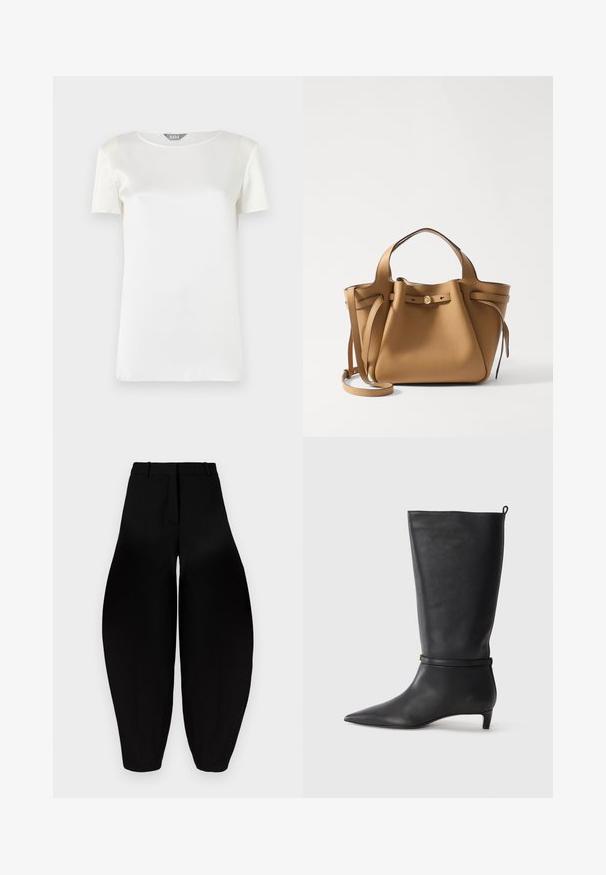 Hvid kortærmet bluse lavet af glat satin med rund halsudskæring og minimal syning. Rent, enkelt design med en blød tekstur.; Sorte vidde bukser med høj talje, plisseret front og smalnende ankler. Fremstillet af glat stof med mat overflade.; Sorte læder knæhøje støvler med spidse tæer, fremhævet af et rundt bånd omkring anklen og en lav, tapered hæl. Glat tekstur.; Tory Burch ROMY PEBBLED SATCHEL - Håndtasker - tiramisu