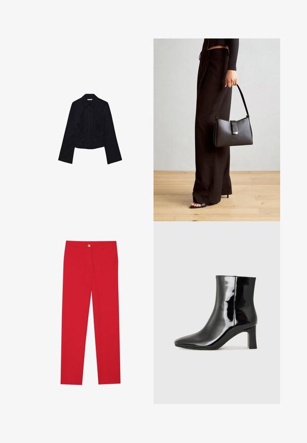 Crna skraćena košulja dugih rukava, s ovratnikom i kopčanjem sprijeda. Napravljena od glatkog materijala, s prilagođenim dizajnom i minimalnim detaljima.; Crvene hlače ravnog kroja s ravnim nogavicama, ravnim prednjim dijelom, zatvaranjem na jedan gumb i dva bočna džepa. Glatka tkanina bez vidljivih uzoraka ili naglasaka.; Crne lakirane kožne gležnjače s šiljastim prstom i srednje visokom blok petom. Glatka tekstura i minimalistički dizajn.; Crna torba s oblikom koji sadrži strukturu, glađu teksturu i metalnu kopču. Uparena s širokim crnim hlačama i sandalama na otvorenom s drvenog poda.
