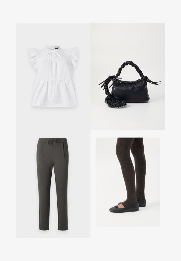 Blusa branca de algodão com mangas curtas com frufrus, decote redondo, cintura franzida e elementos de design em camadas. Textura suave, estilo simples.; Calças cinza-escuras com cintura elástica ajustável, design de perna afunilada e frente pregueada. Feitas de um tecido macio com uma textura suave.; Sapatos planos pretos com um pequeno laço na ponta, emparelhados com meias-calças caneladas castanhas escuras. Os sapatos têm uma textura suave e um design discretamente baixo.; Bolsa de mão em couro sintético preto com textura de crocodilo, topo franzido e alça enrugada. Apresenta um design suave e compacto.