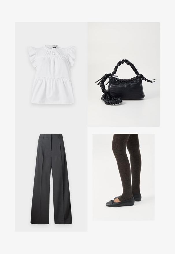 Hvit bomullsbluse med volanger på kortermene, rund hals, rynket midje og tiered design. Glatt tekstur, enkel stil.; Vide bukser i mørkegrått stoff med høy livlinje, enkel press, og en glatt tekstur med en ren finish på ermekantene.; Sorte flate sko med en liten sløyfedetalj på tåen, kombinert med mørkebrune ribbede strømpebukser. Skoene har en glatt overflate og lav profil.; Svart faux skinn-håndveske med krokodilletekstur, strammet topp og en rynket stropp. Ser myk og kompakt ut i designen.